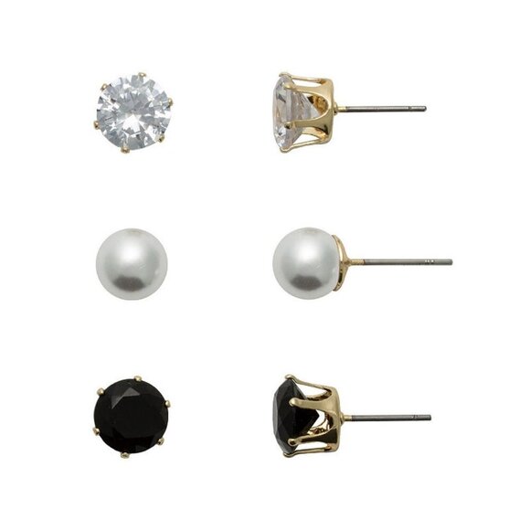 3-Pair Gold-Tone CZ Stud Earrings – Crystal, Faux Pearl, Black – Hypoallergenic - Picture 4 of 9